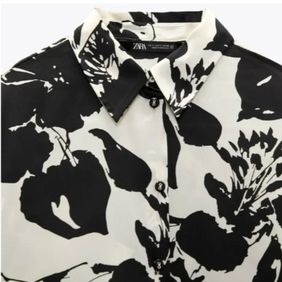 Zara Floral Print Button Down Silk Shirt in Ecru / Black Size M - Picture 12 of 16